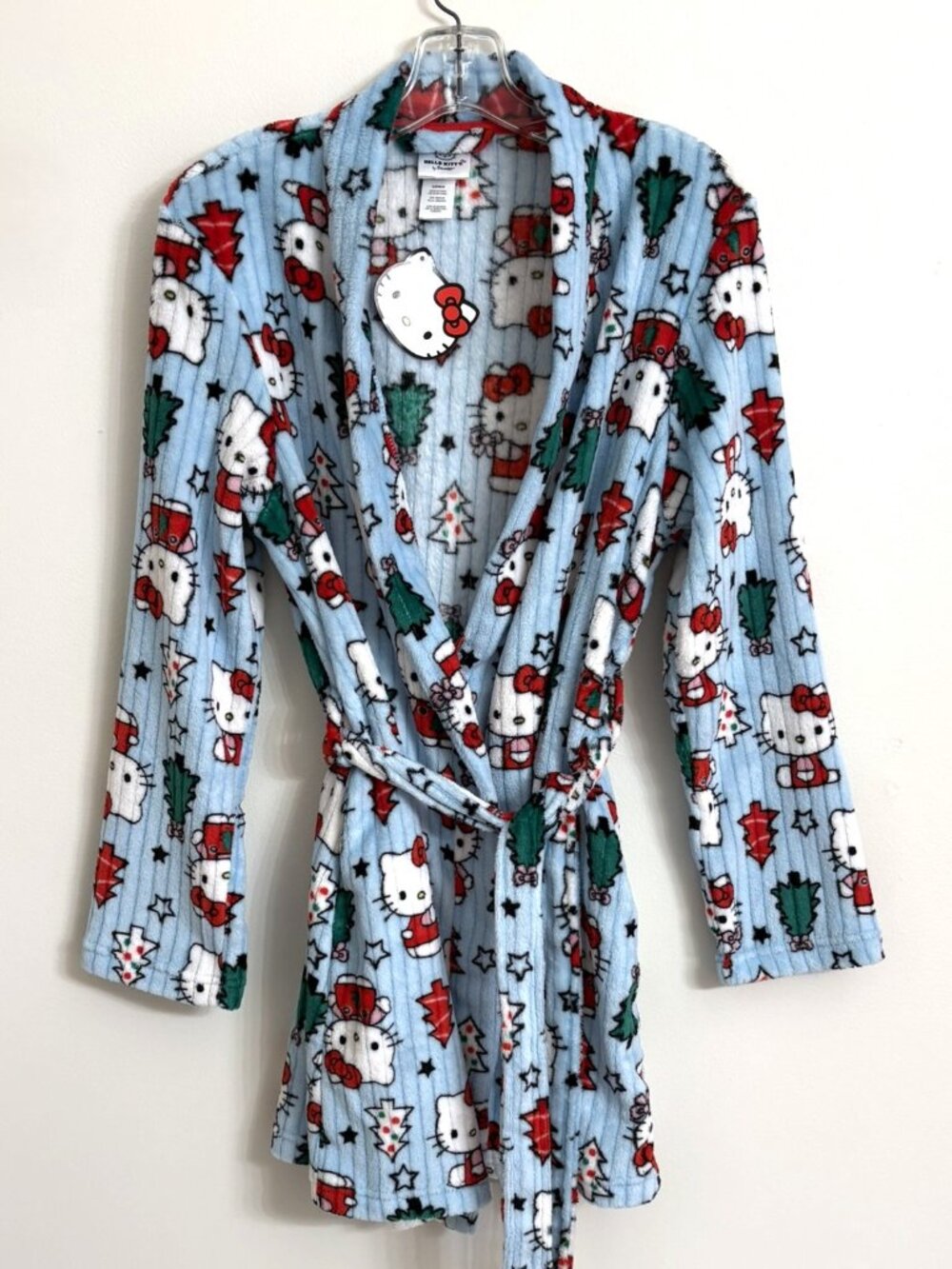 Sanrio Hello Kitty Plush Short Belted Blue Christmas Trees Medium Robe NWT